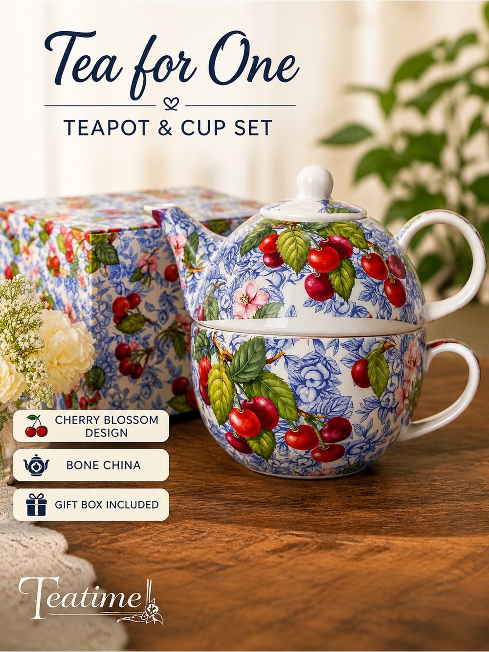 Teatime, Cherry Floral Tea for One Teapot & Cup Set w/ Gift Box | Bone China